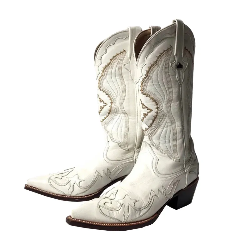 2023 luxury white spring cowgirl boots cutout embroidery pointy boots