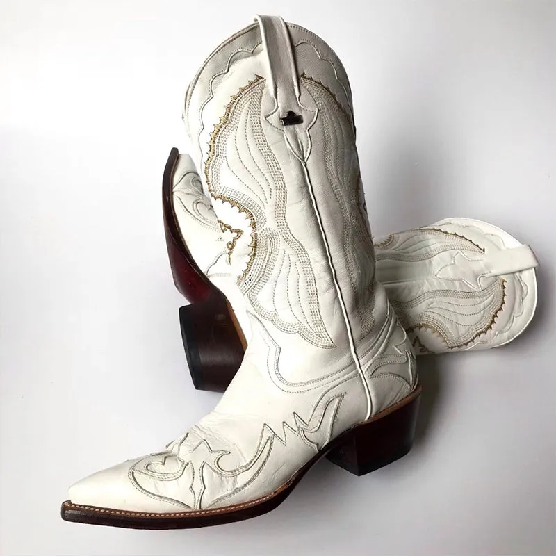 2023 luxury white spring cowgirl boots cutout embroidery pointy boots