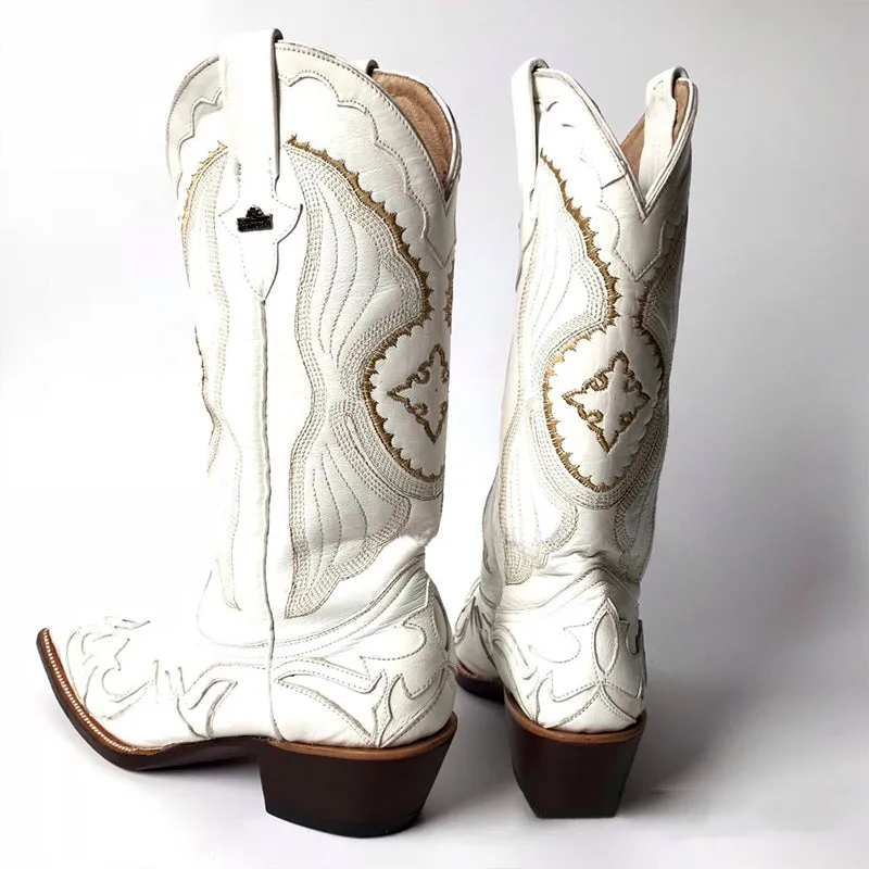 2023 luxury white spring cowgirl boots cutout embroidery pointy boots