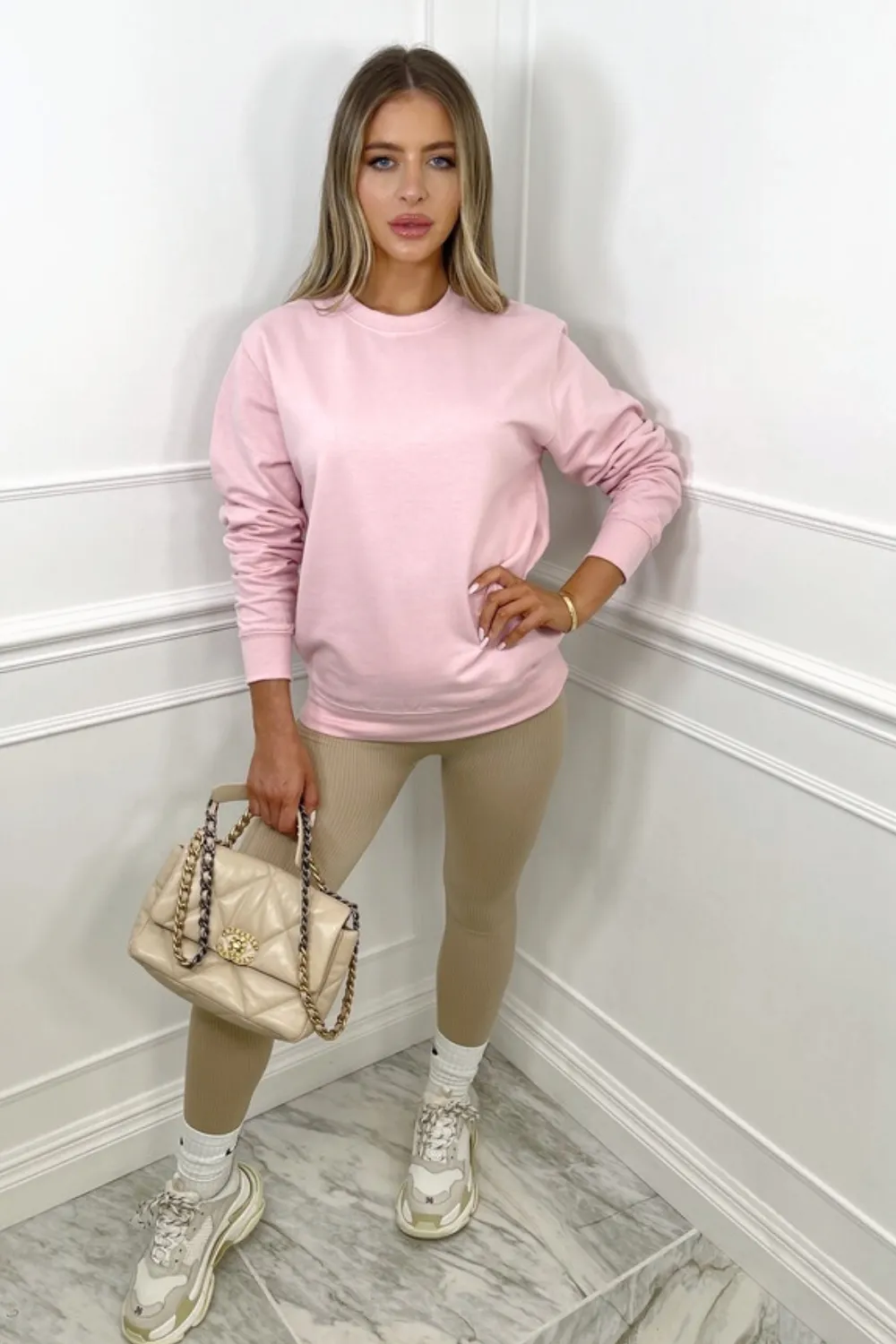 Amber light pink round neck essential sweater