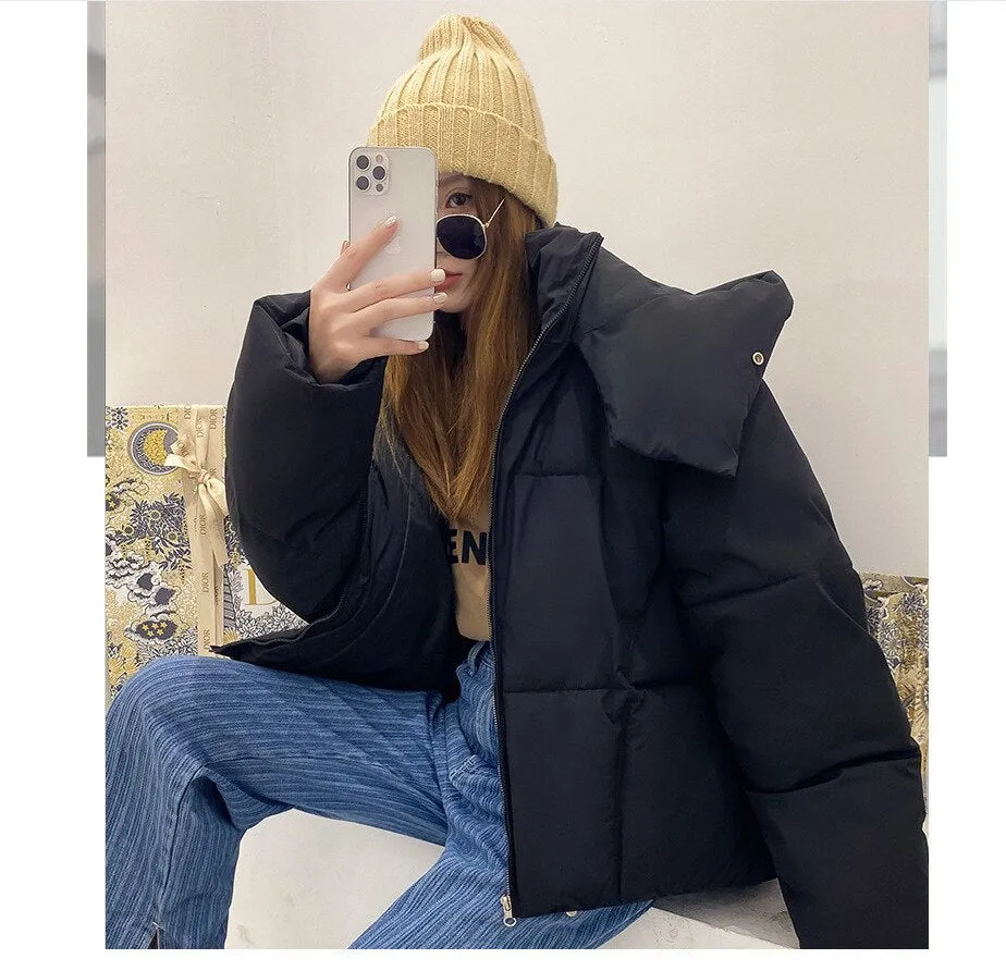 Ashore Shop winter new Korean style fluffy hooded bread down jacket women thick loose short jacket