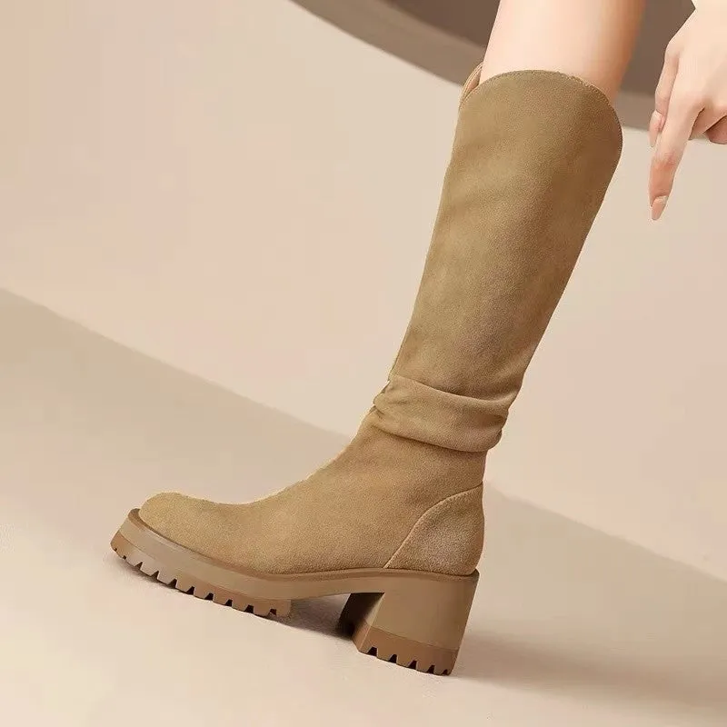 Autumn and Winter Korean Style round Head Chunky Heel Long Boots HOTan and NEWn High Heel Leggings Fleece-lined Warm High Leg Boot Knight Boots Women