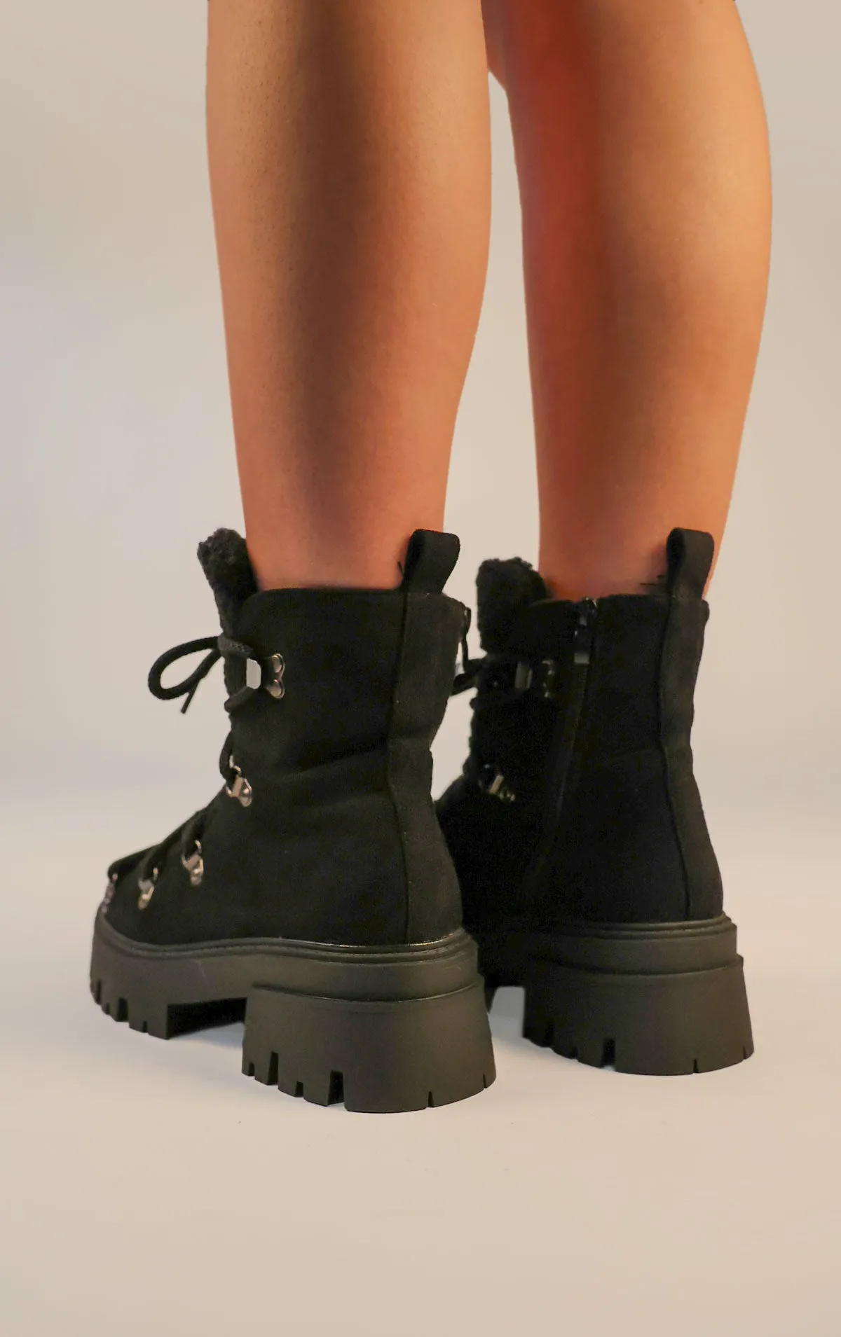 Black Faux Suede Lace Up Chunky Snow Style Boots