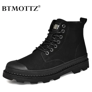 Black Winter Men Boots Genuine Leather Ankle Boots Men Outdoor Winter Work Shoes Men Warm Fur Snow Boots Men Motorcycle Botas