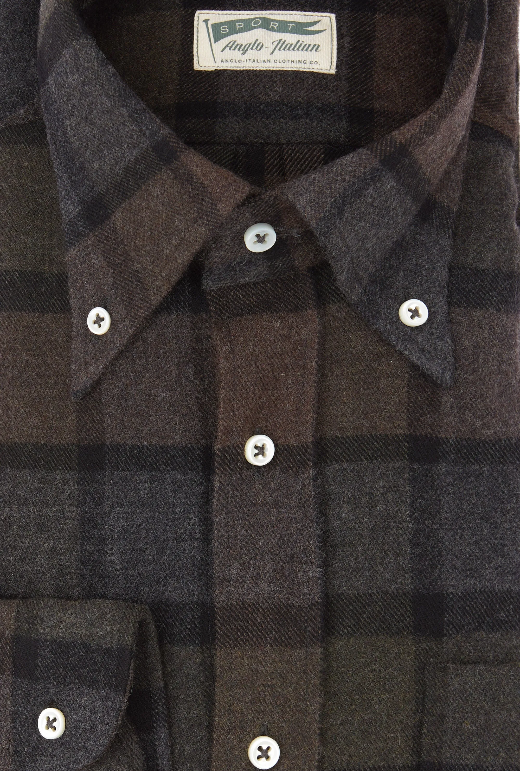 Button Down Sport Shirt Brushed Wool Green Grey Brown Check