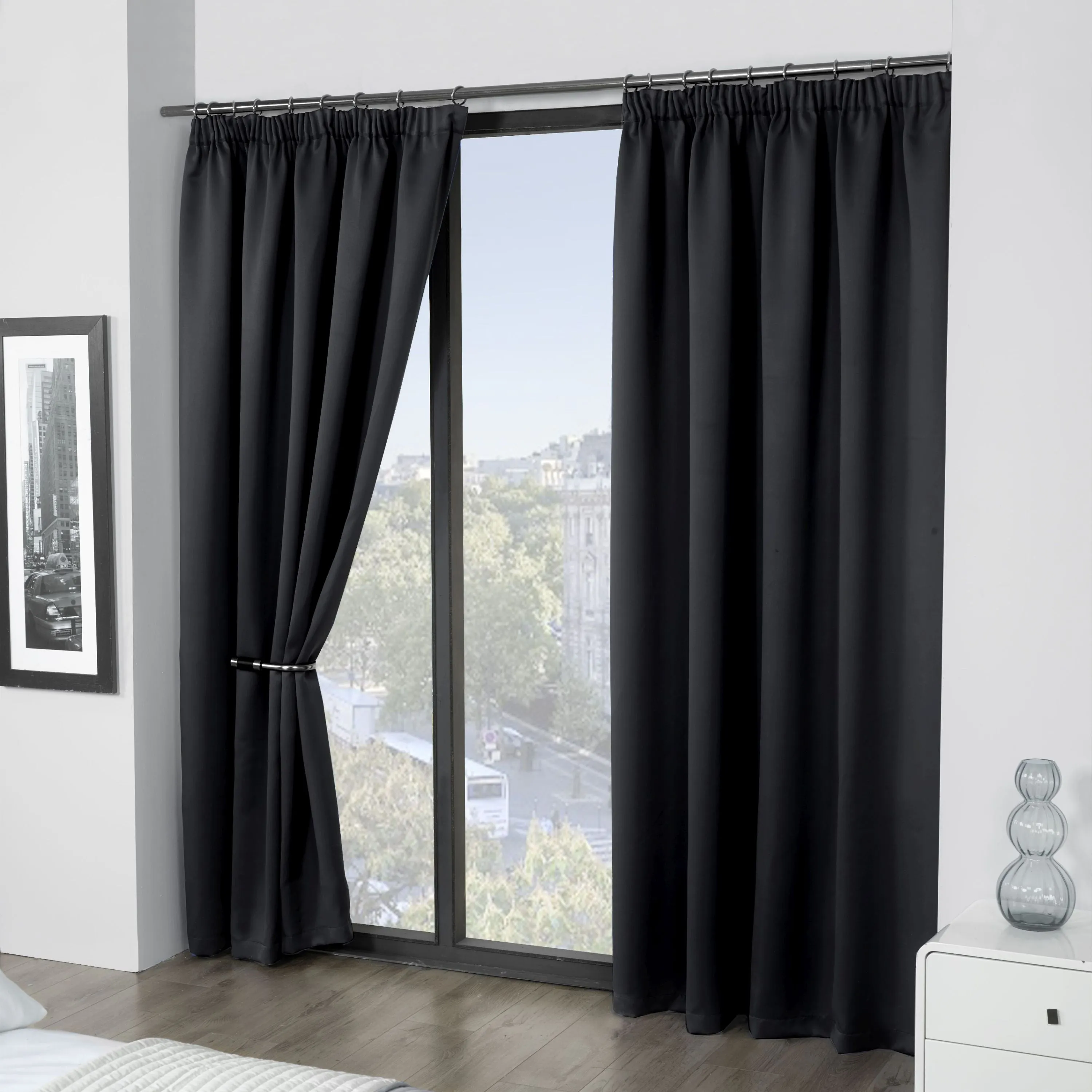 Cali Black Thermal Blackout Pencil Pleat Curtains