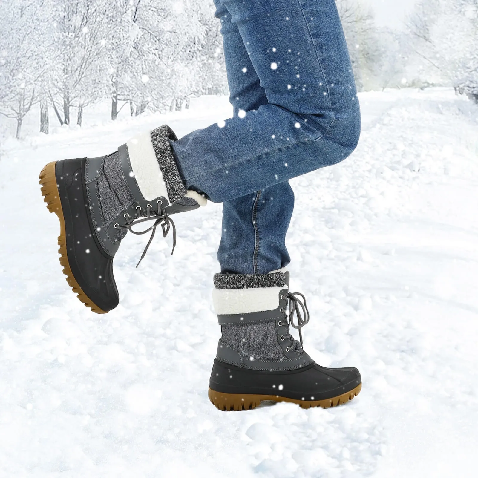 Color Block Fur-lined Lace Up Mid Calf Snow Booties