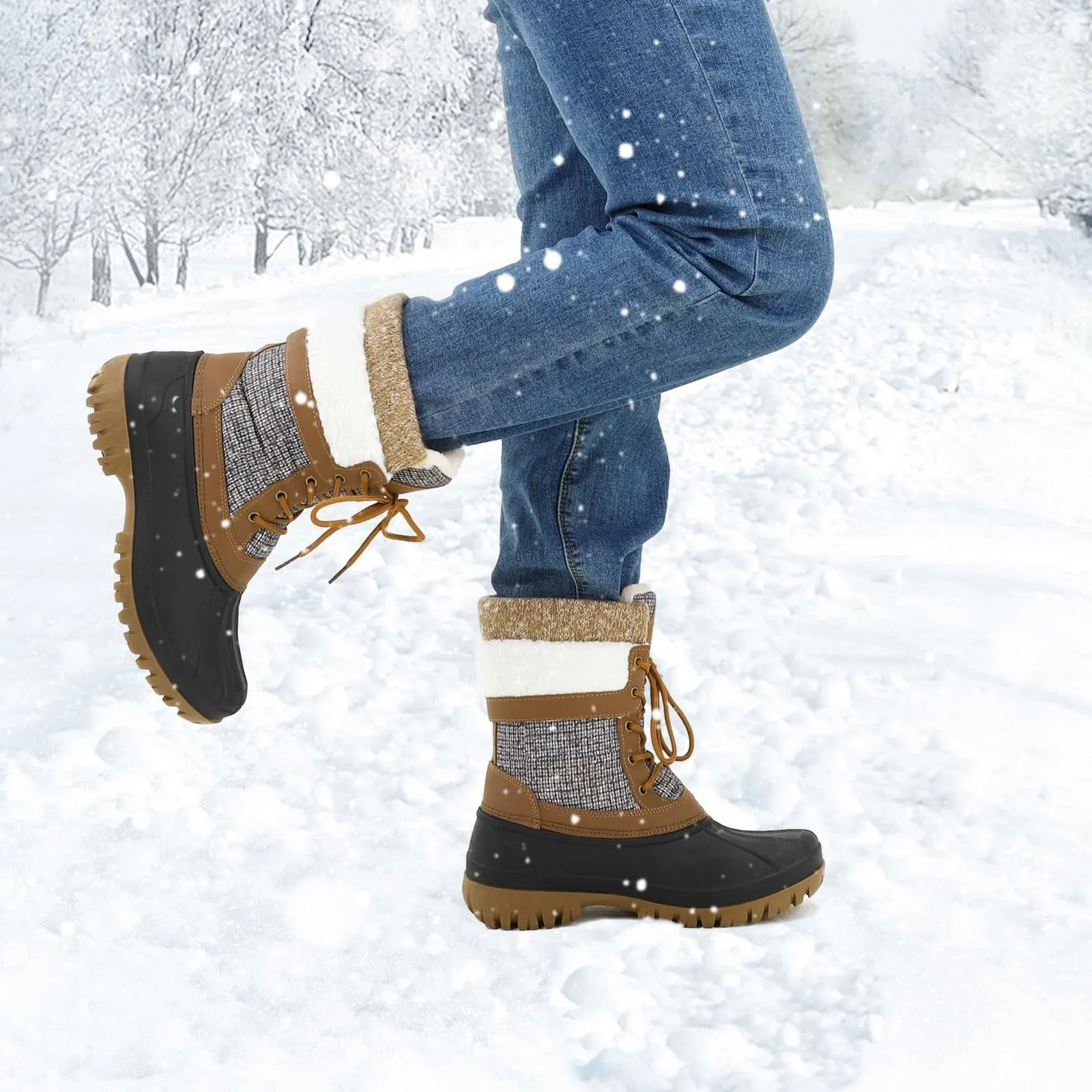 Color Block Fur-lined Lace Up Mid Calf Snow Booties