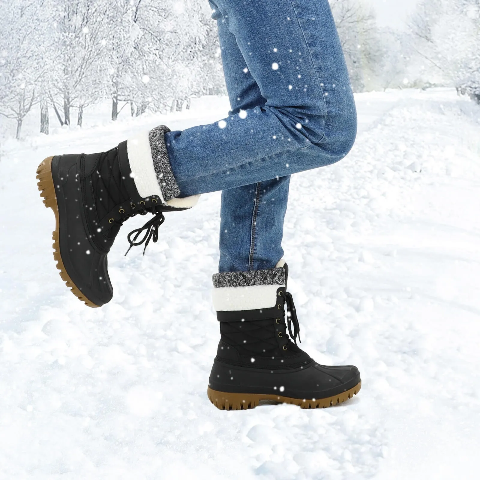 Color Block Fur-lined Lace Up Mid Calf Snow Booties