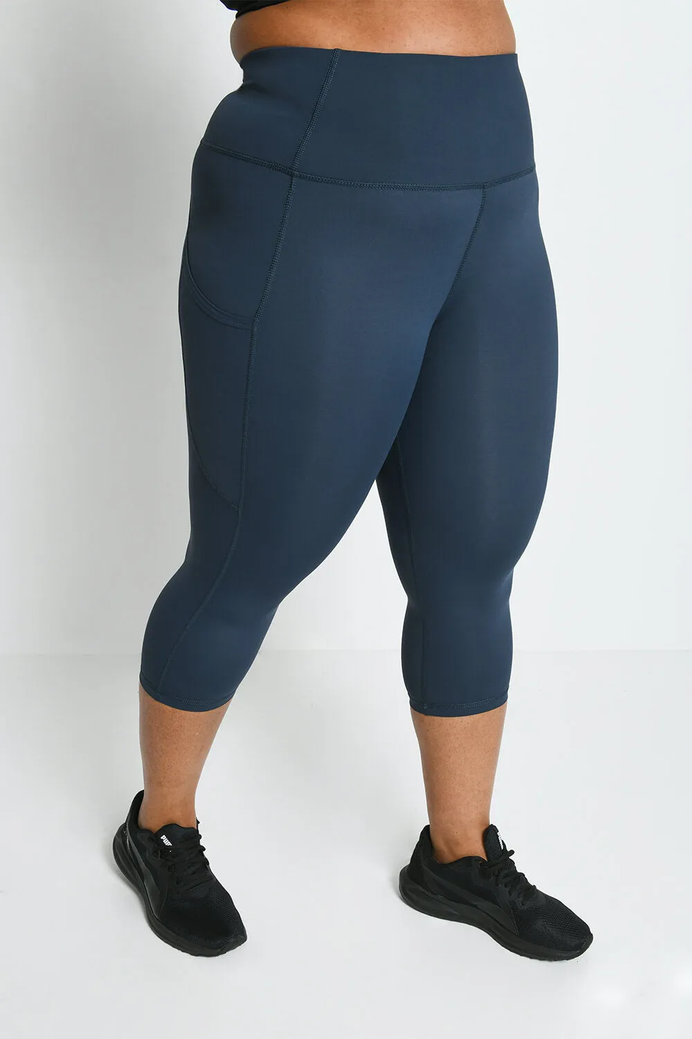 Curve Energise Cropped High Waisted Gym Leggings - Thunder Blue