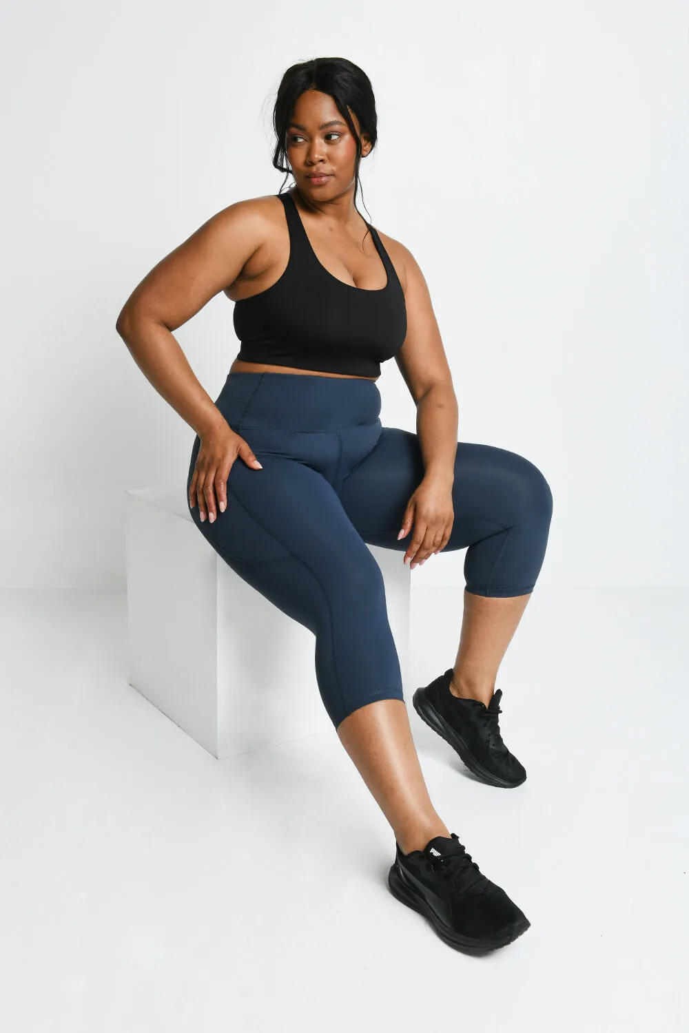 Curve Energise Cropped High Waisted Gym Leggings - Thunder Blue