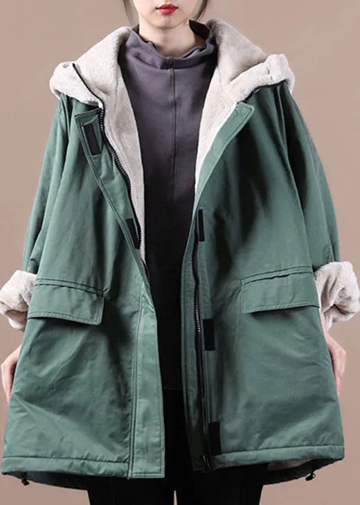 Fine Green Zip Up Pockets Patchwork Fleece Wool Lined Parka Jacket Winter