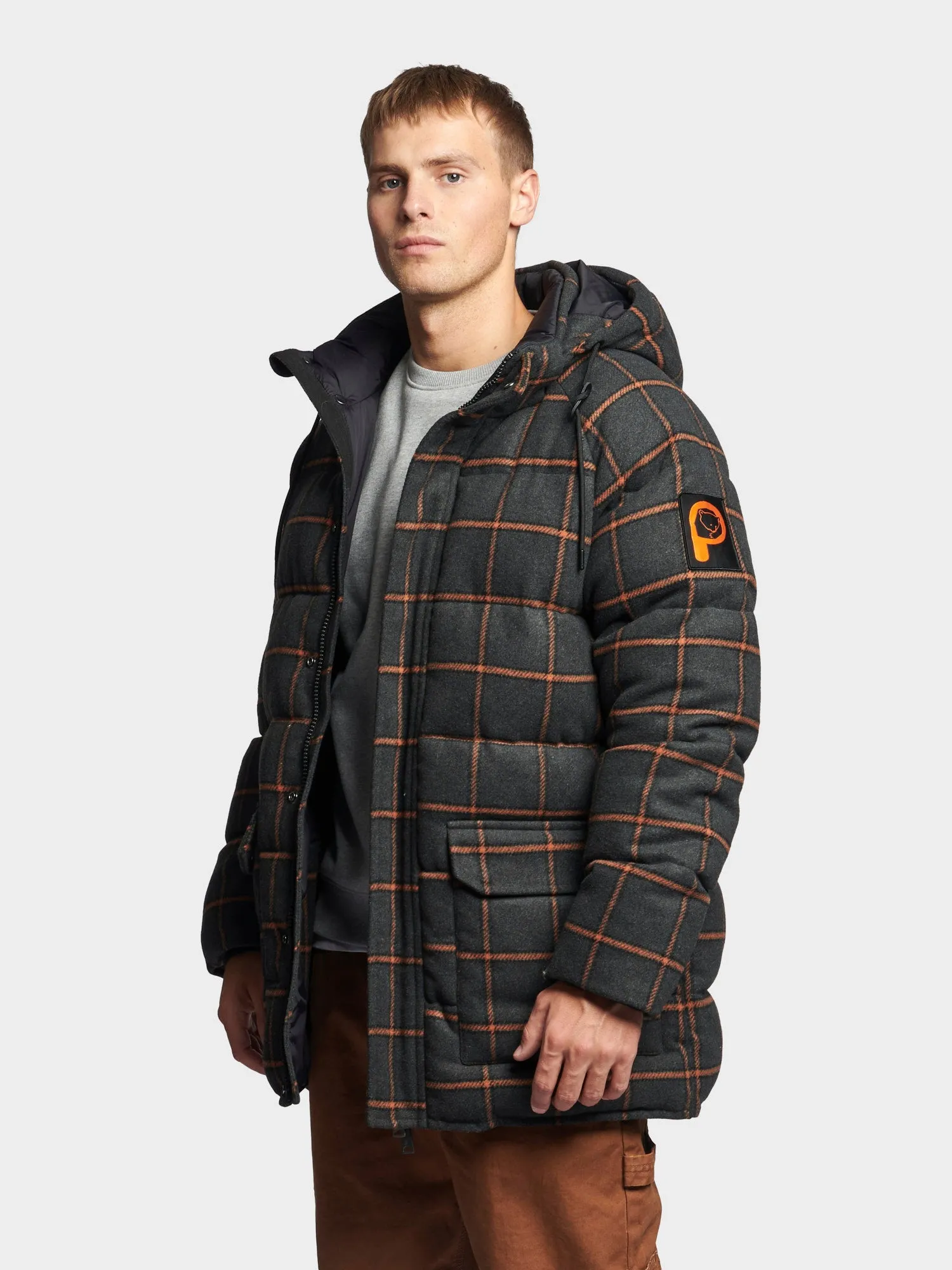 Longline Check Puffer Jacket in Ebony