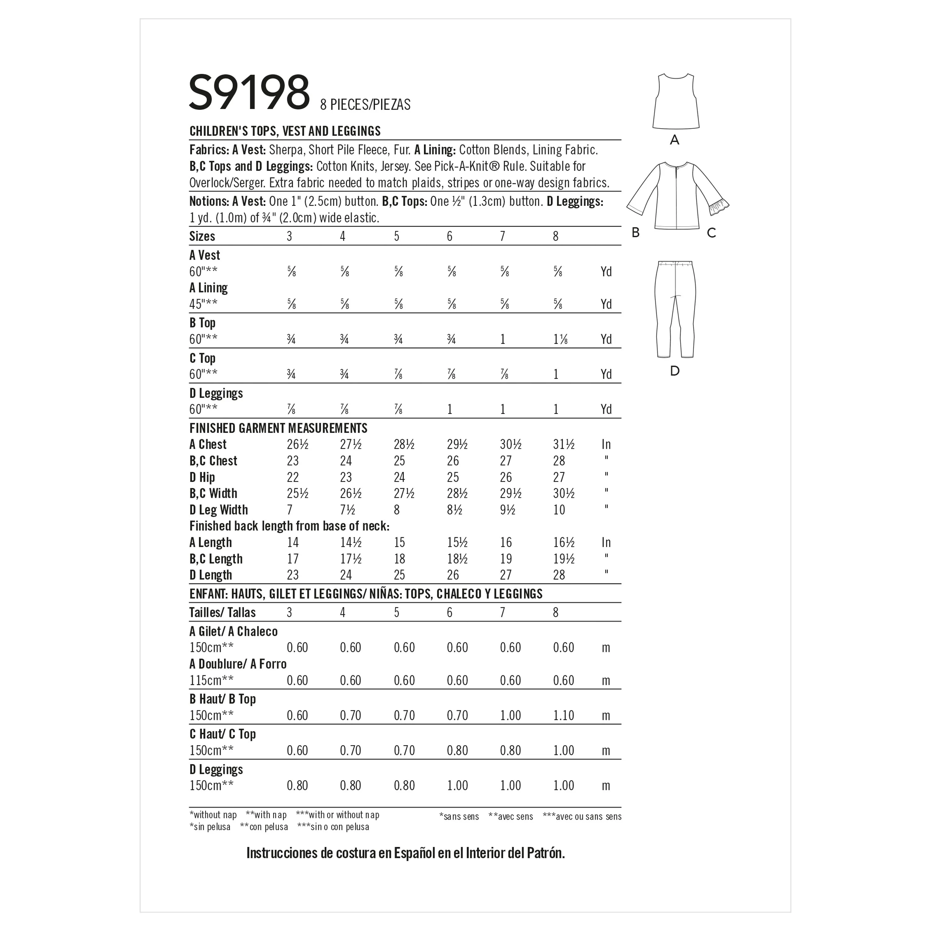 Simplicity Sewing Pattern S9198 Children's Tops, Waistcoat and Leggings