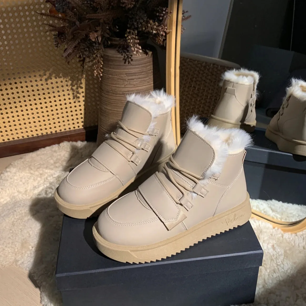 Sohiwoo autumn winter snow boots for women casual lace up and plush thick warm sponge cake thick sole high top low cut cotton shoes