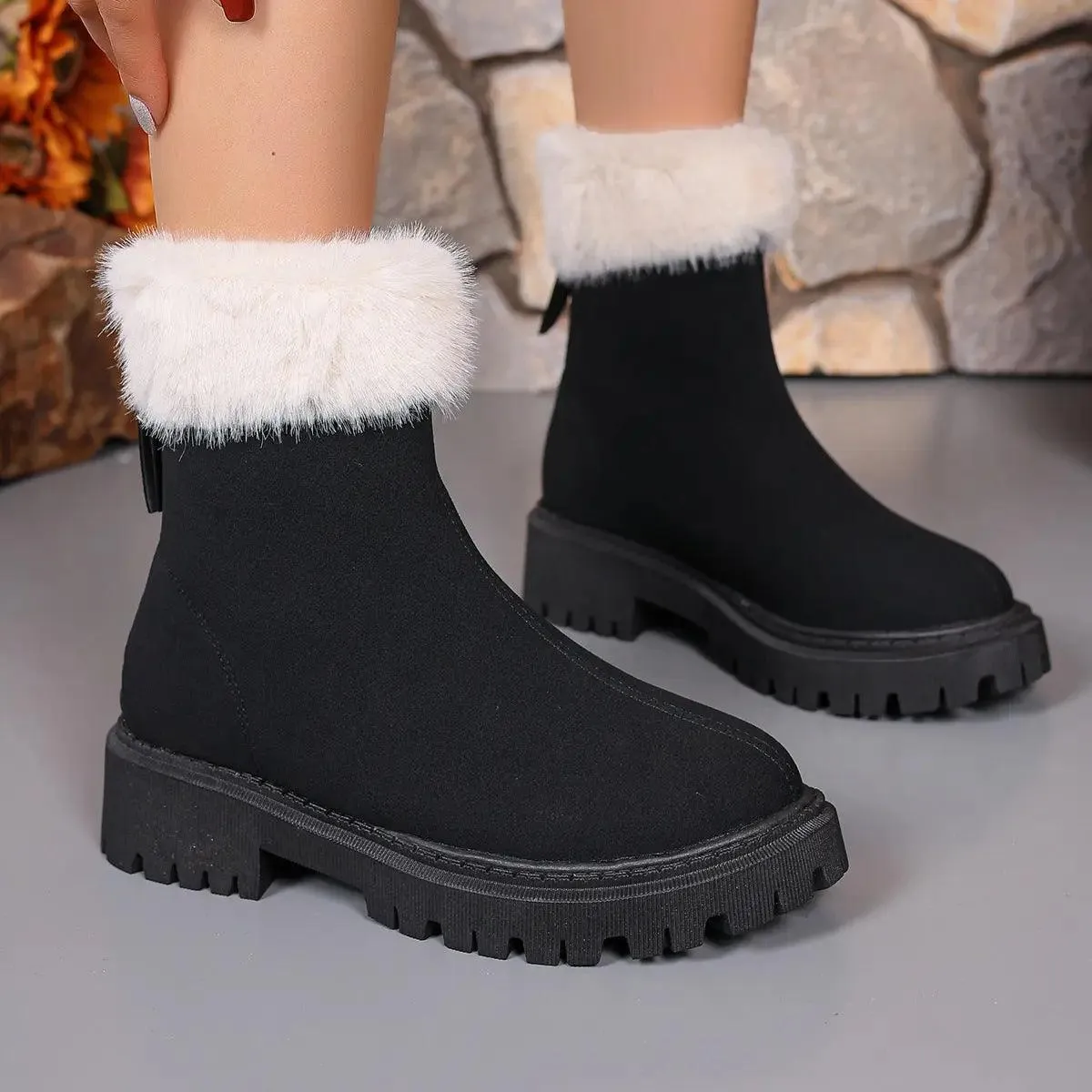 Square-heeled Snow Boots Winter Plus Velvet Platform Plush Shoes Fashion Warm Non-slip Mid-calf Boot For Women women's snow boots