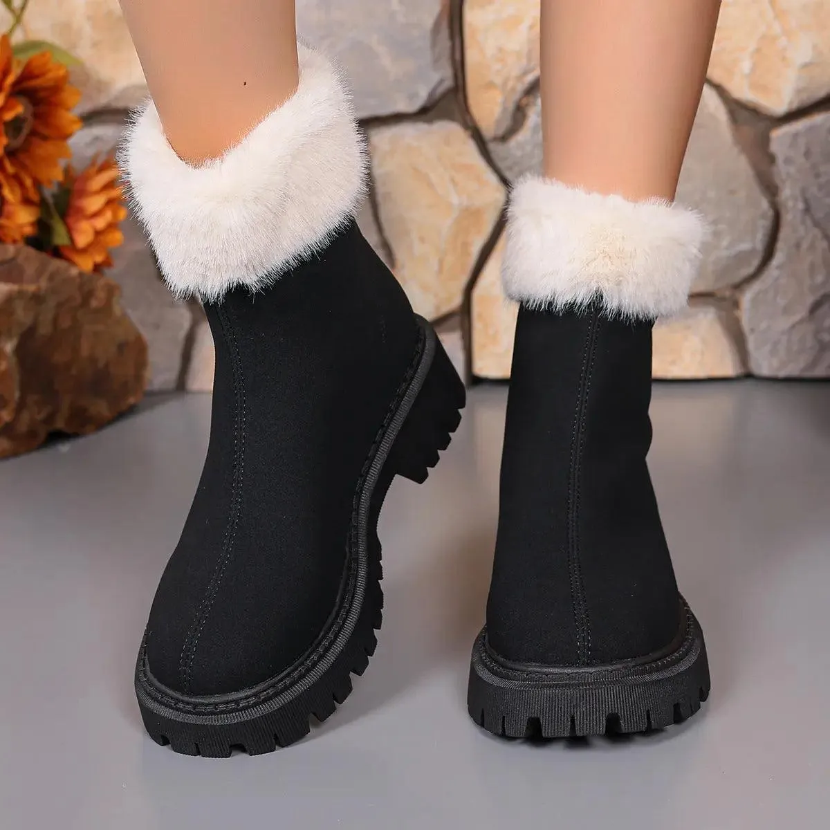 Square-heeled Snow Boots Winter Plus Velvet Platform Plush Shoes Fashion Warm Non-slip Mid-calf Boot For Women women's snow boots