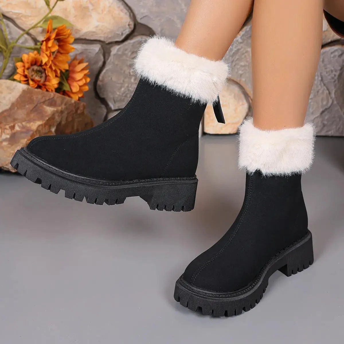 Square-heeled Snow Boots Winter Plus Velvet Platform Plush Shoes Fashion Warm Non-slip Mid-calf Boot For Women women's snow boots