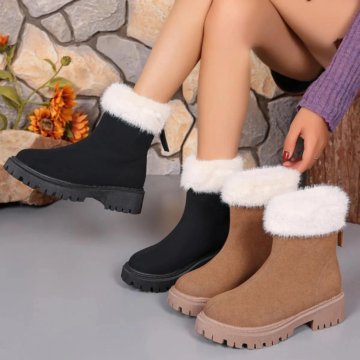 Square-heeled Snow Boots Winter Plus Velvet Platform Plush Shoes Fashion Warm Non-slip Mid-calf Boot For Women women's snow boots