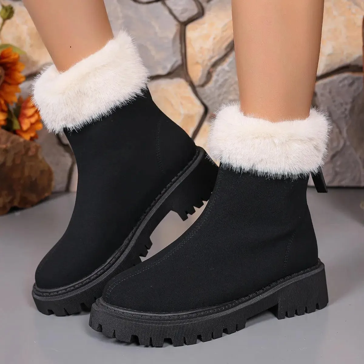 Square-heeled Snow Boots Winter Plus Velvet Platform Plush Shoes Fashion Warm Non-slip Mid-calf Boot For Women women's snow boots