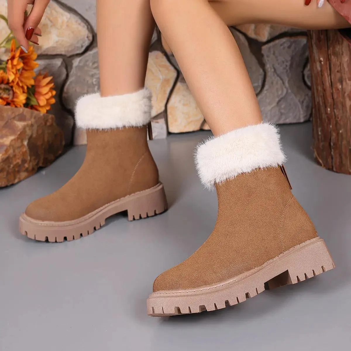 Square-heeled Snow Boots Winter Plus Velvet Platform Plush Shoes Fashion Warm Non-slip Mid-calf Boot For Women women's snow boots