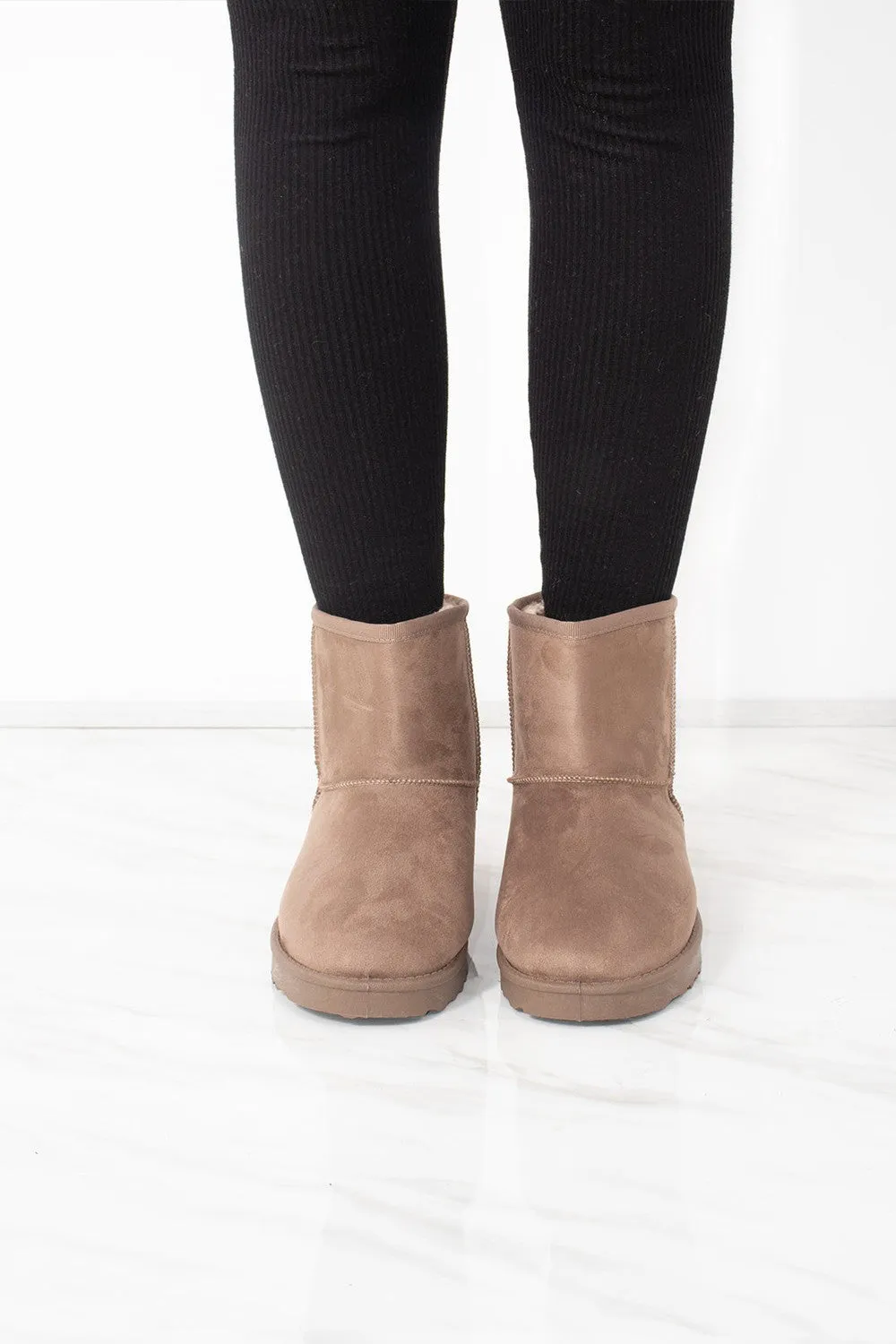 Taupe Faux Suede Fur Lined Mini Ankle Boots