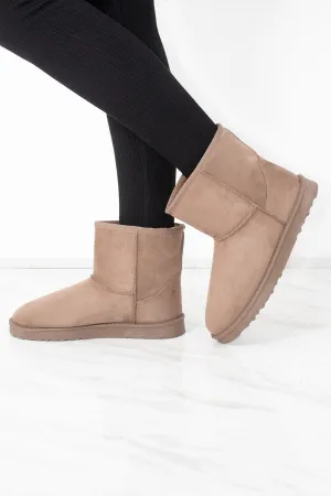 Taupe Faux Suede Fur Lined Mini Ankle Boots