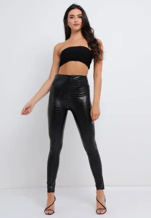 Textured Faux Leather PU High Waisted Leggings In Black