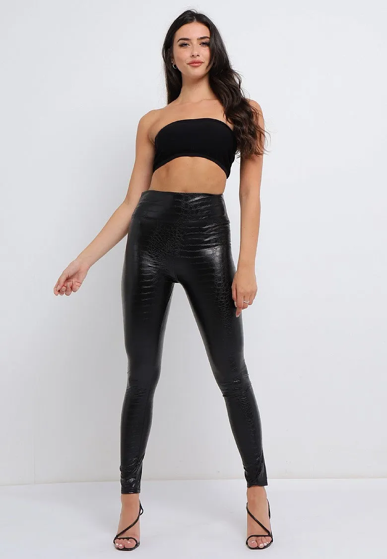 Textured Faux Leather PU High Waisted Leggings In Black