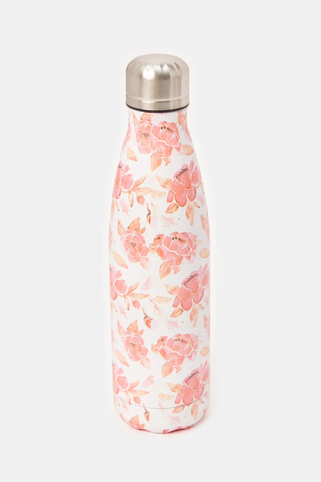 White And Pink Floral Printed Water Bottle