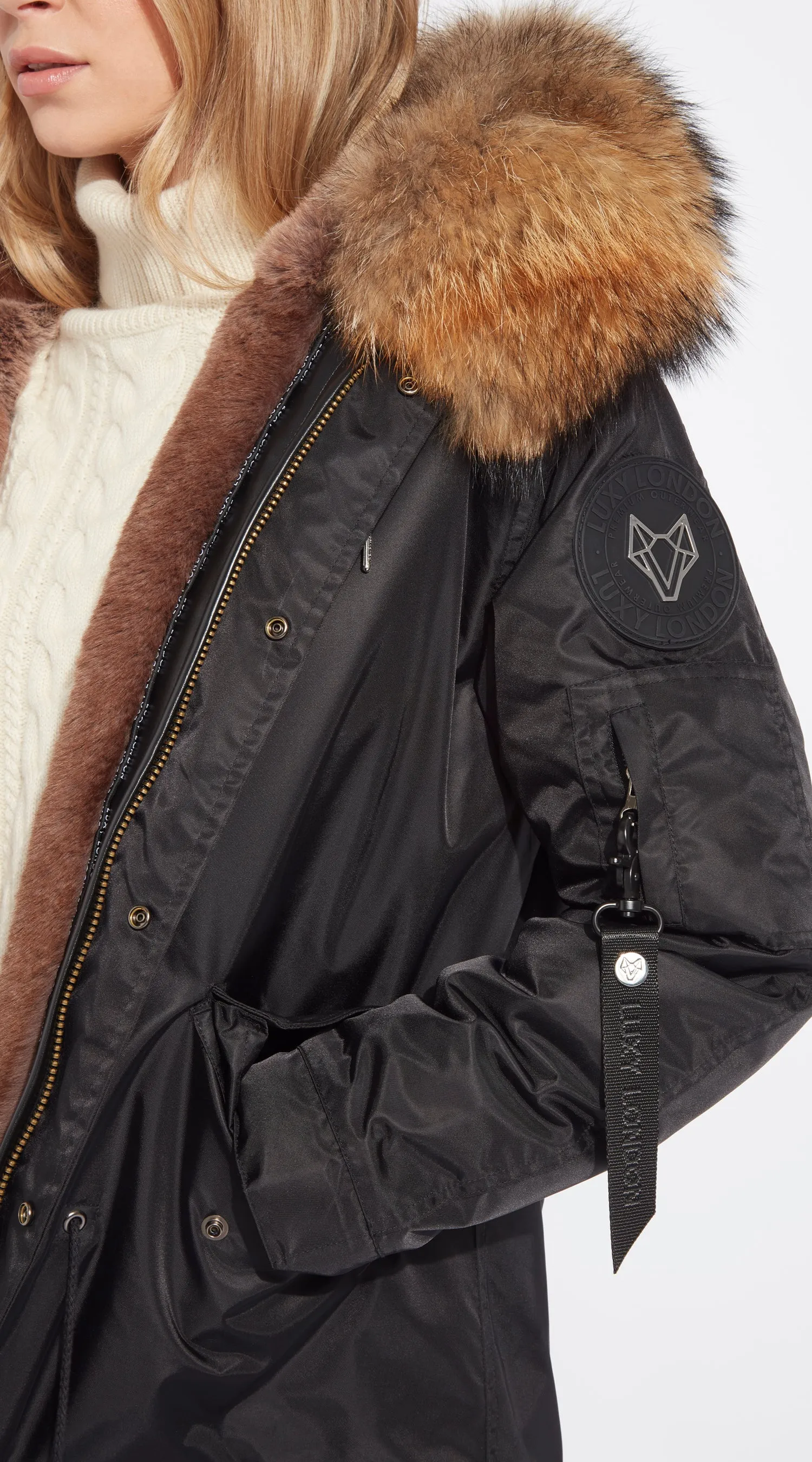 Womens Black Water-Repellent Luxy Fur Parka - Natural