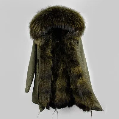 Women's Winter Casual Long Acrylic Slim Parka With Raccoon Fur