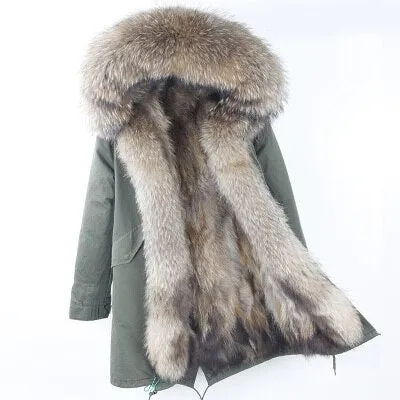 Women's Winter Casual Long Acrylic Slim Parka With Raccoon Fur