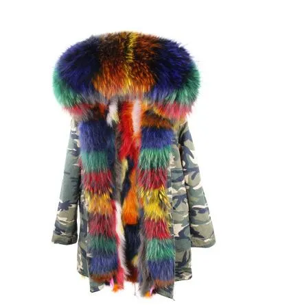 Women's Winter Casual Long Acrylic Slim Parka With Raccoon Fur