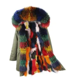 Women's Winter Casual Long Acrylic Slim Parka With Raccoon Fur